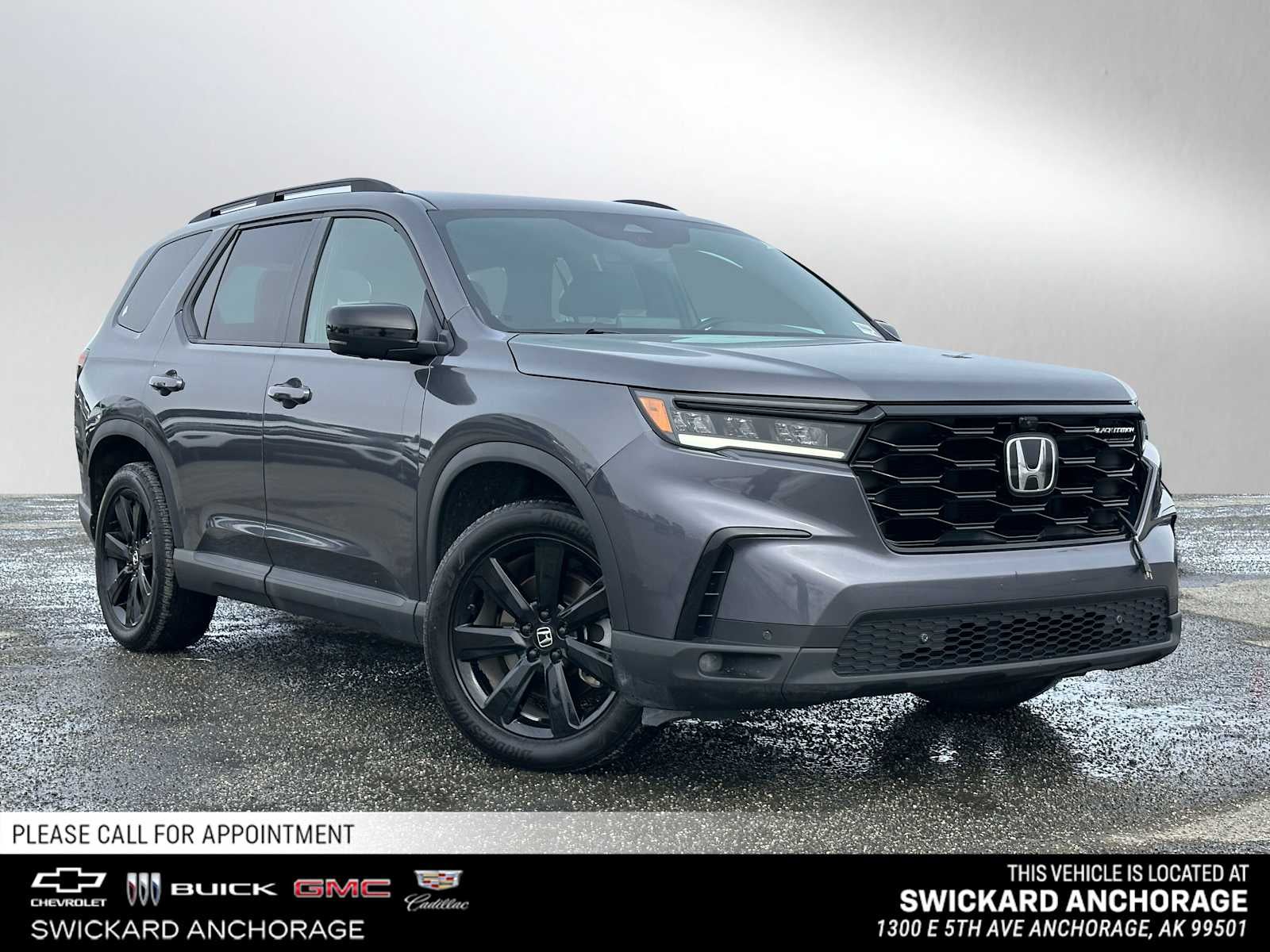 2025 Honda Pilot Black Edition in Gray — front three-quarter view